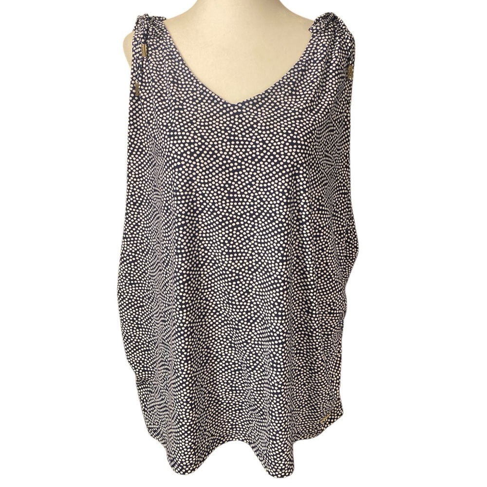 Anne Klein Blouse Top Women’s 2X Navy Polka Dot Sleeveless Ruched Stretch Plus
